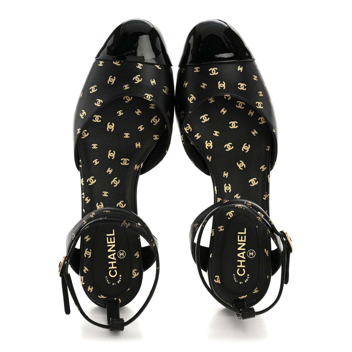 Chanel Lambskin Patent Calfskin Women's Cap Toe CC Slingbacks 36.5 Black Gold