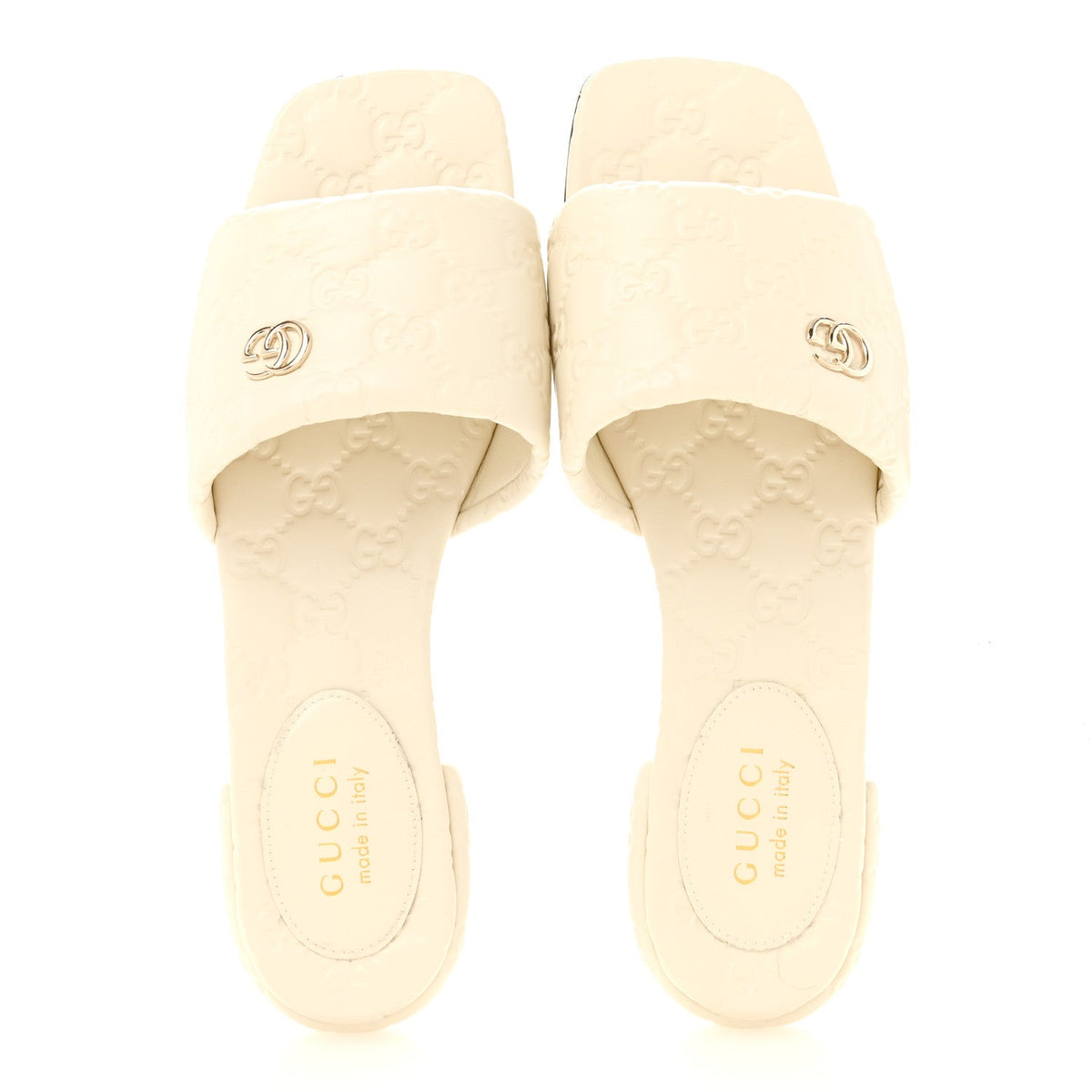 Gucci Nappa Women's Double GG Flat Slide Sandals 38.5 New Ivoire