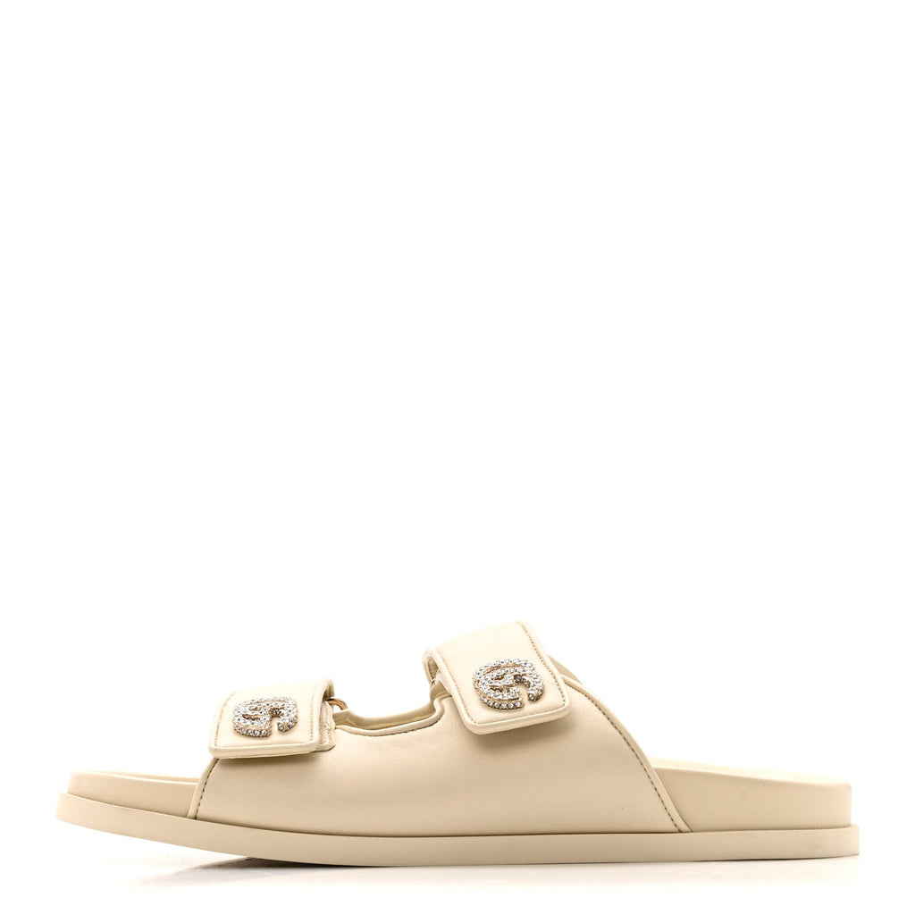 Gucci Calfskin Double G Crystal Women's Isla Dad Sandals 39 Ivory