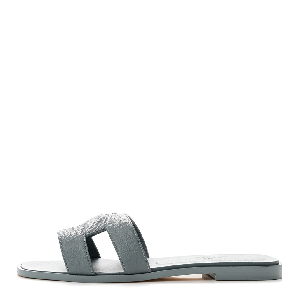 Hermes Epsom Calfskin Women's Oran Sandals 37.5 Gris Antarctique