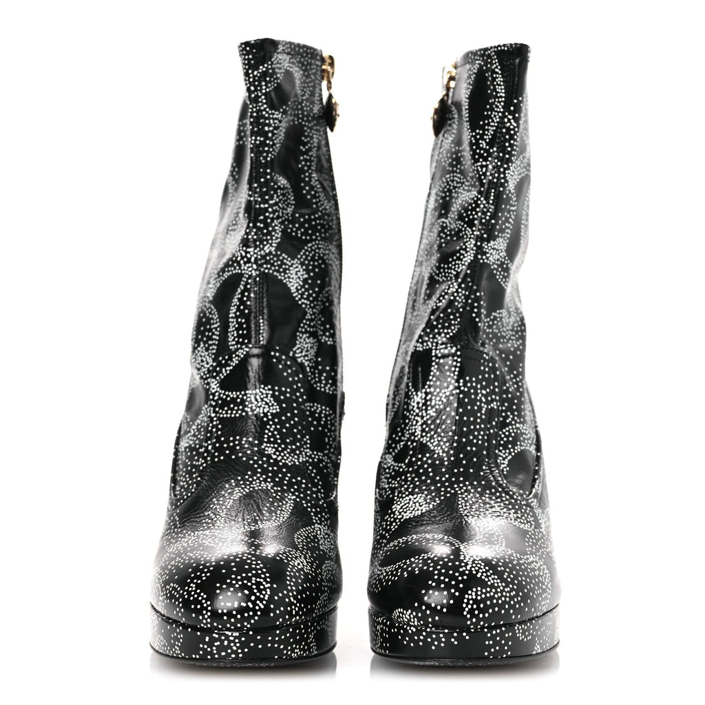 Chanel Calfskin Camellia Printed Women's Ankle Boots 38.5 Black White