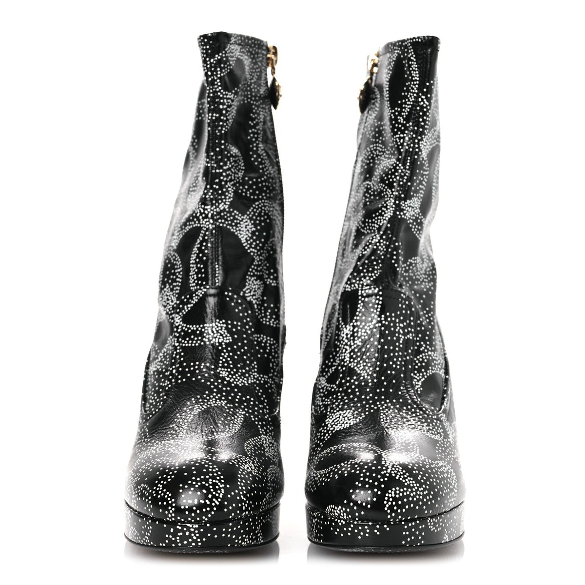 Chanel Calfskin Camellia Printed Women's Ankle Boots 38.5 Black White
