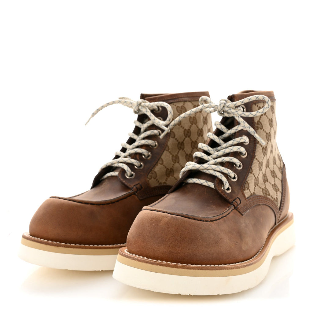 Gucci Calfskin Monogram Men's Garrett Ala Boots 10.5 Beige Ebony Cuir