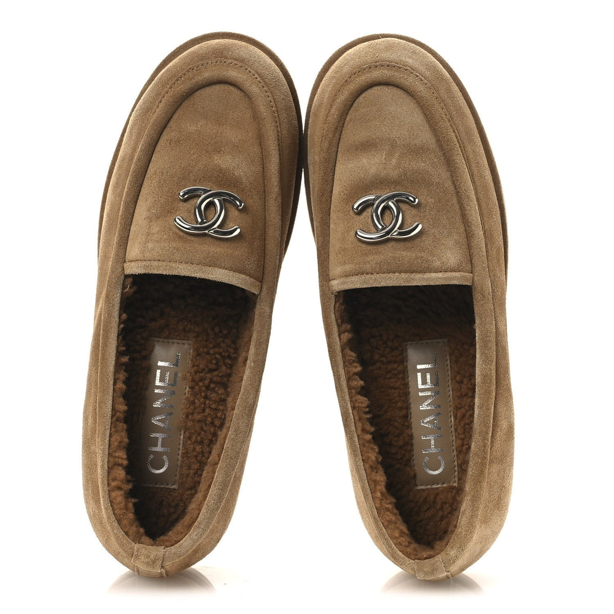 Chanel Suede Calfskin Women's CC Loafers 36.5 Dark Beige