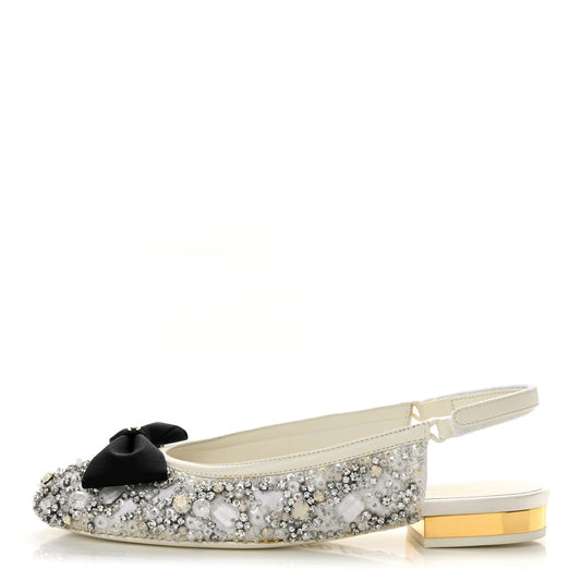 Chanel Satin Crystal Grosgrain Bow CC Slingback Women's Flats
