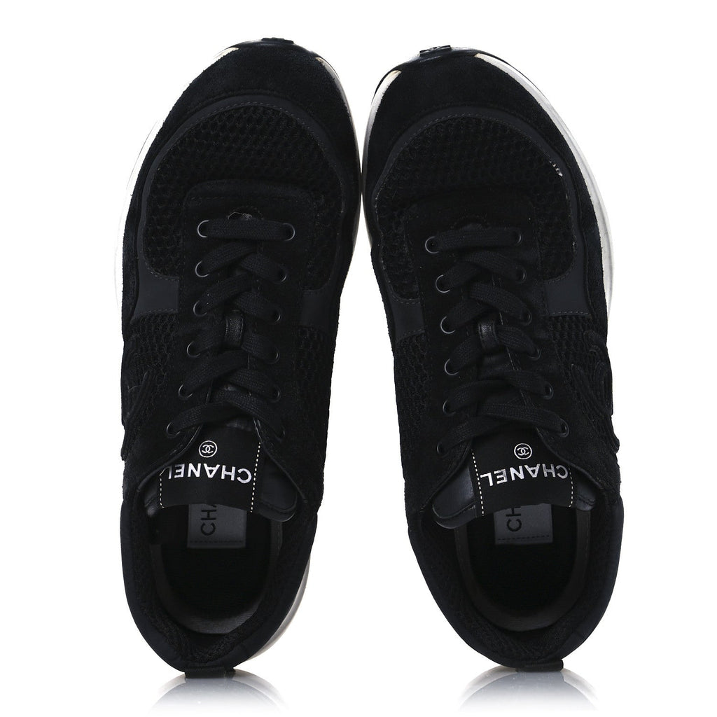 Chanel Calfskin Mesh Lycra Suede Women's Logo Sneakers 40 Black