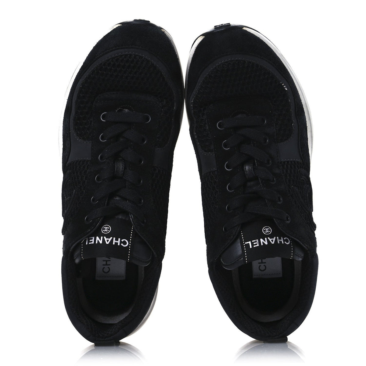 Chanel Calfskin Mesh Lycra Suede Women's Logo Sneakers 40 Black