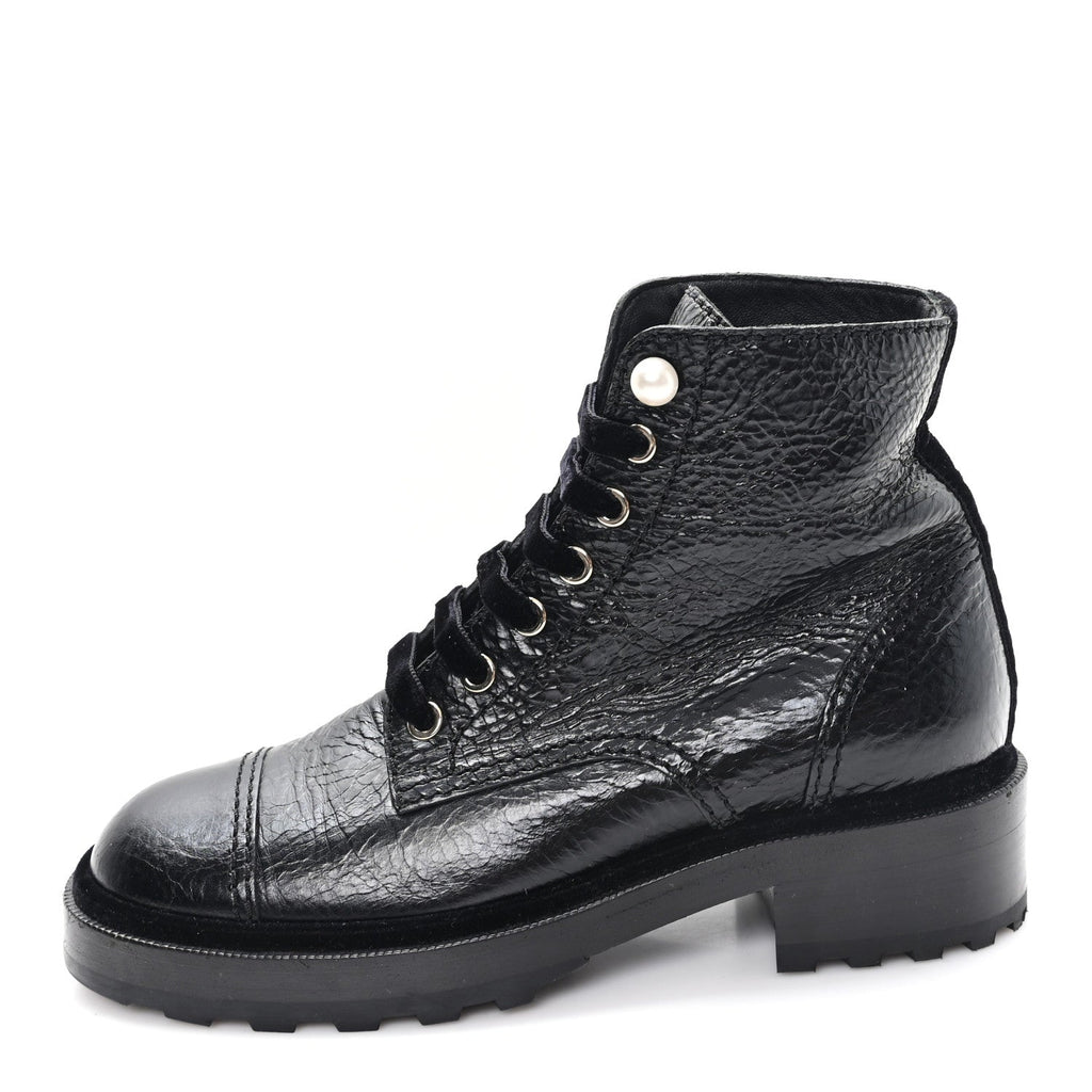 Chanel Shiny Calfskin Velvet Women's Pearl Combat Short Boots 37.5 Black
