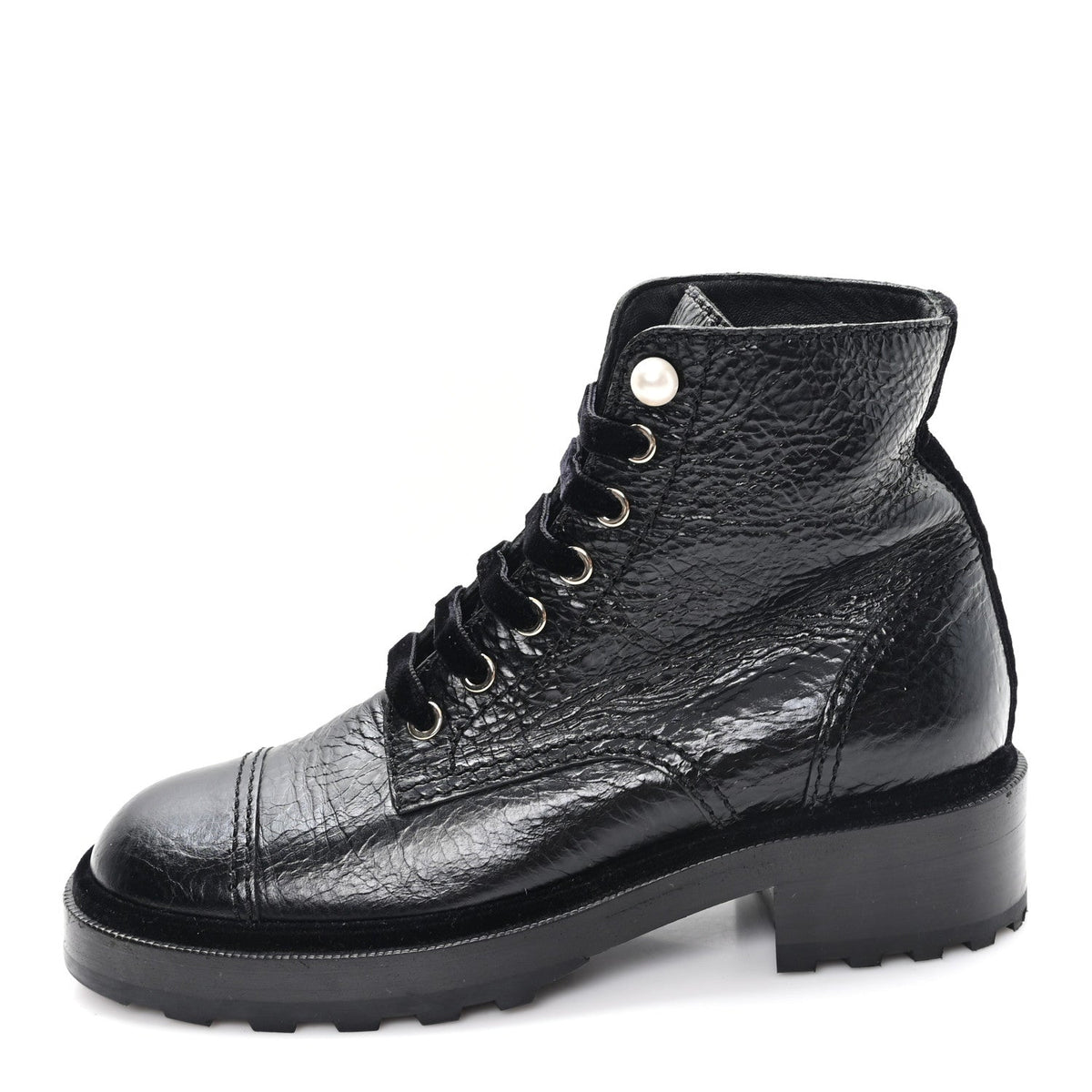 Chanel Shiny Calfskin Velvet Women's Pearl Combat Short Boots 37.5 Black