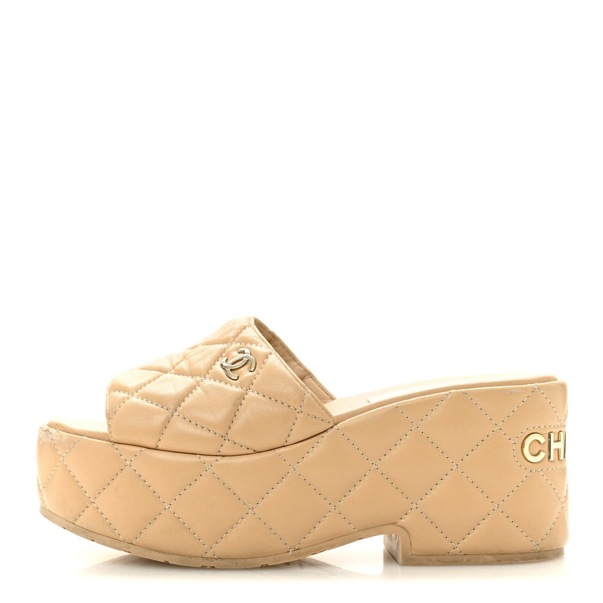 Chanel Lambskin Women's Quilted CC Wedge Mules 36 Beige