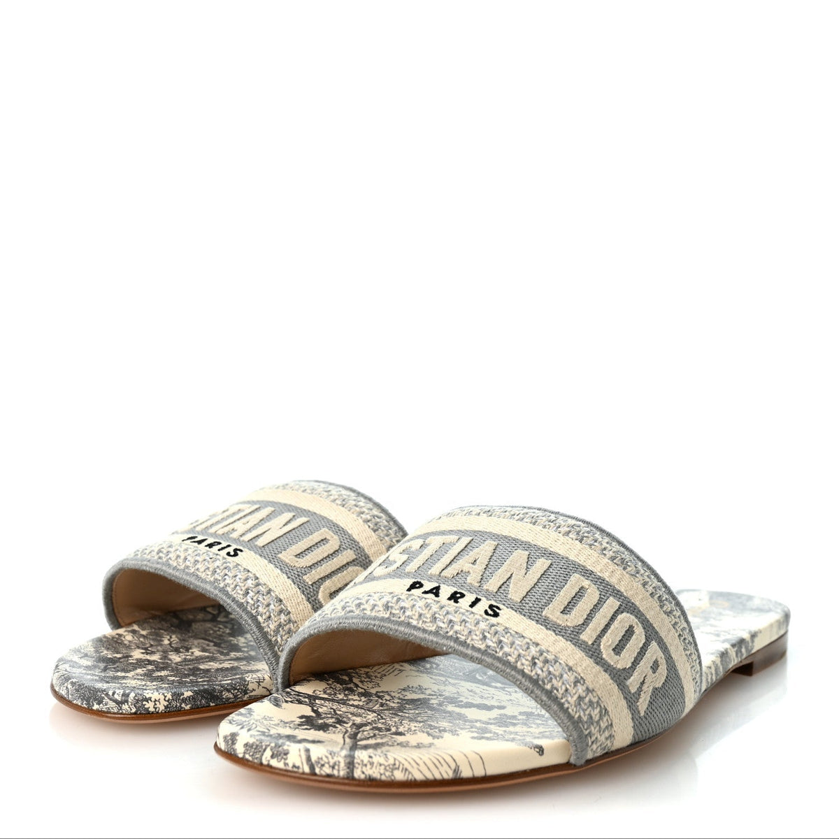 Christian Dior Canvas Women's Toile De Jouy Dway Flat Slide Sandals 37.5 Light Grey