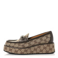 Gucci Monogram Canvas Women's Horsebit Wedge Platform Loafers 37 Beige Ebony