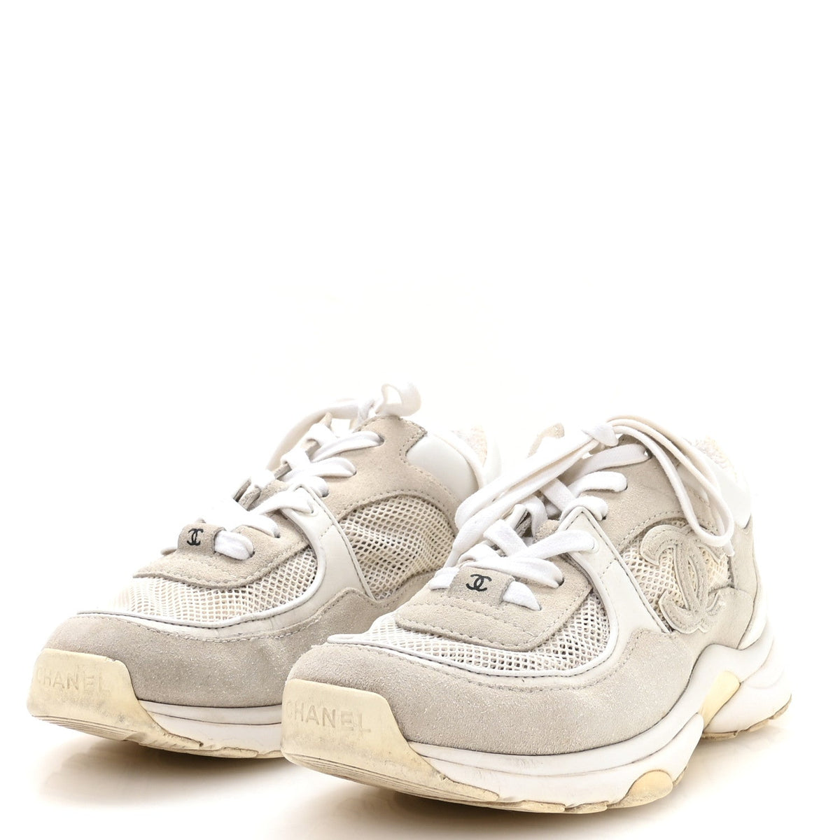 Chanel Suede Calfskin Women's CC Sneakers 37.5 White