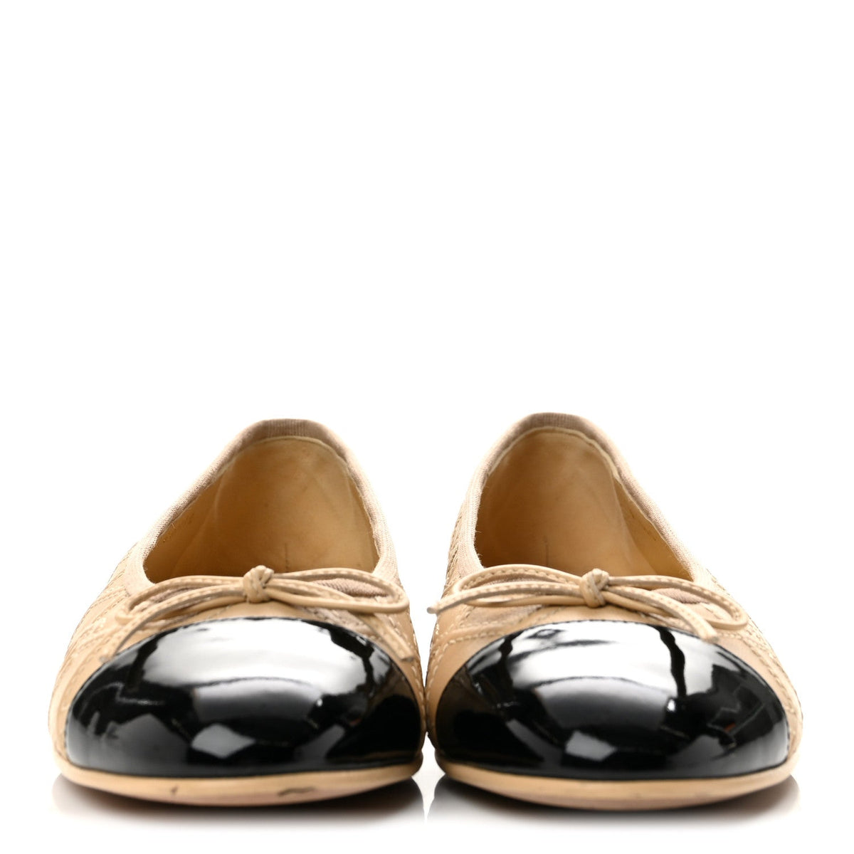Chanel Lambskin Patent Women's Double Stitched CC Cap Toe Ballerina Flats 37 Beige Black