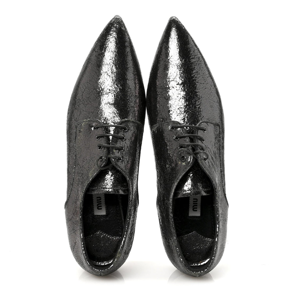 Miu Miu Crinkled Patent Women's Lace Up Oxford Flats 37.5 Dark Silver