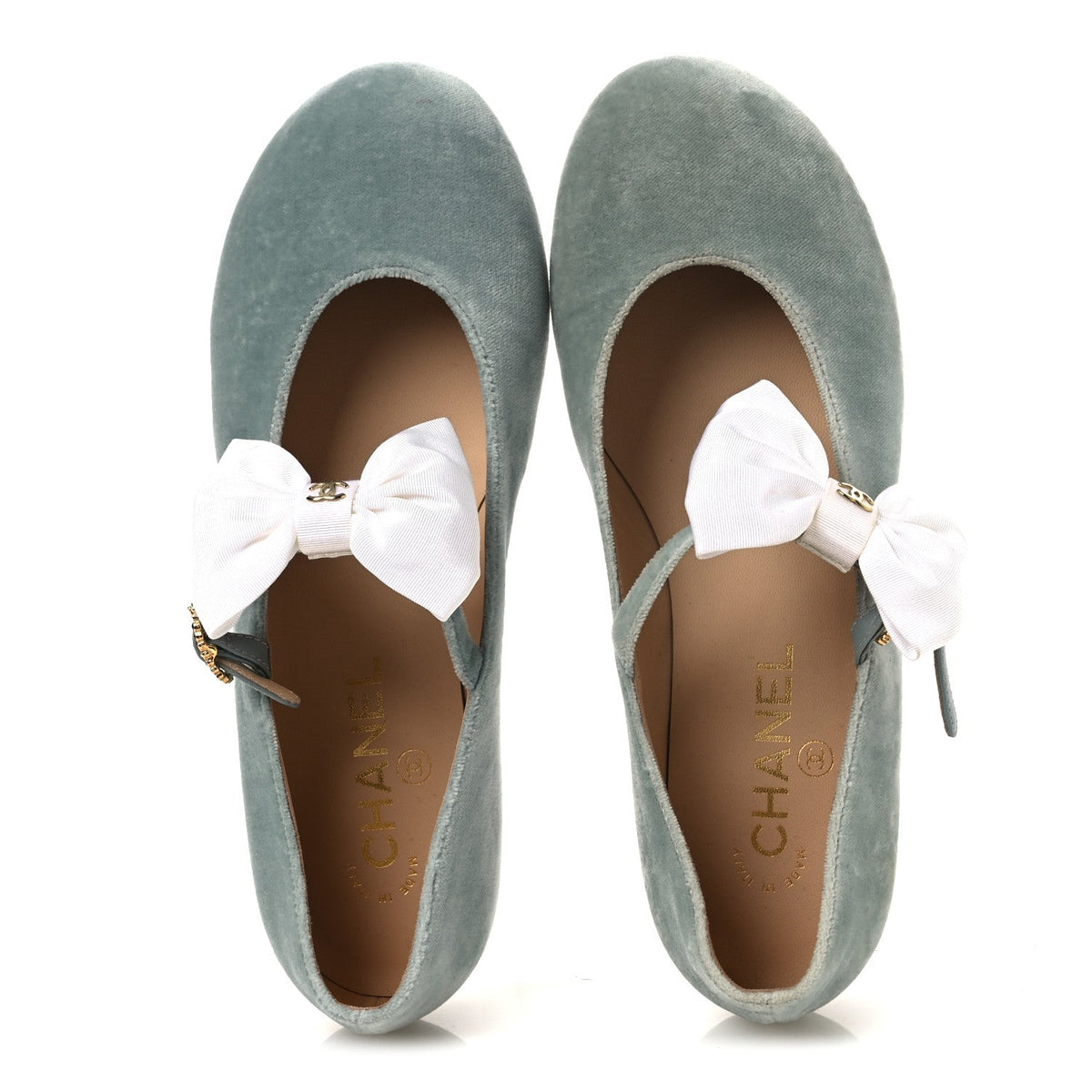 Chanel Velvet Grosgrain Bow Women's Mary Jane Flats 37.5 Light Green White