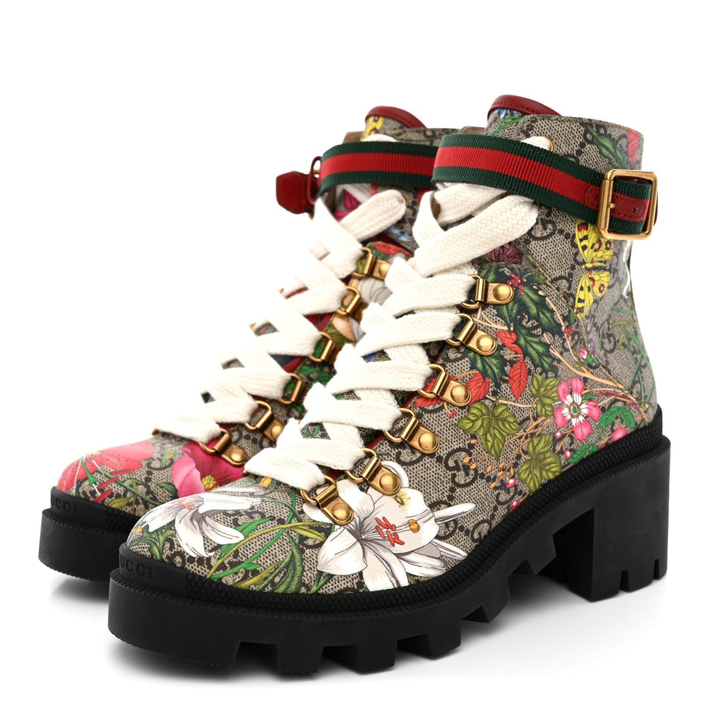 Gucci GG Supreme Monogram Flora Women's Lace Up Combat Ankle Boots 36 Beige Multicolor Red