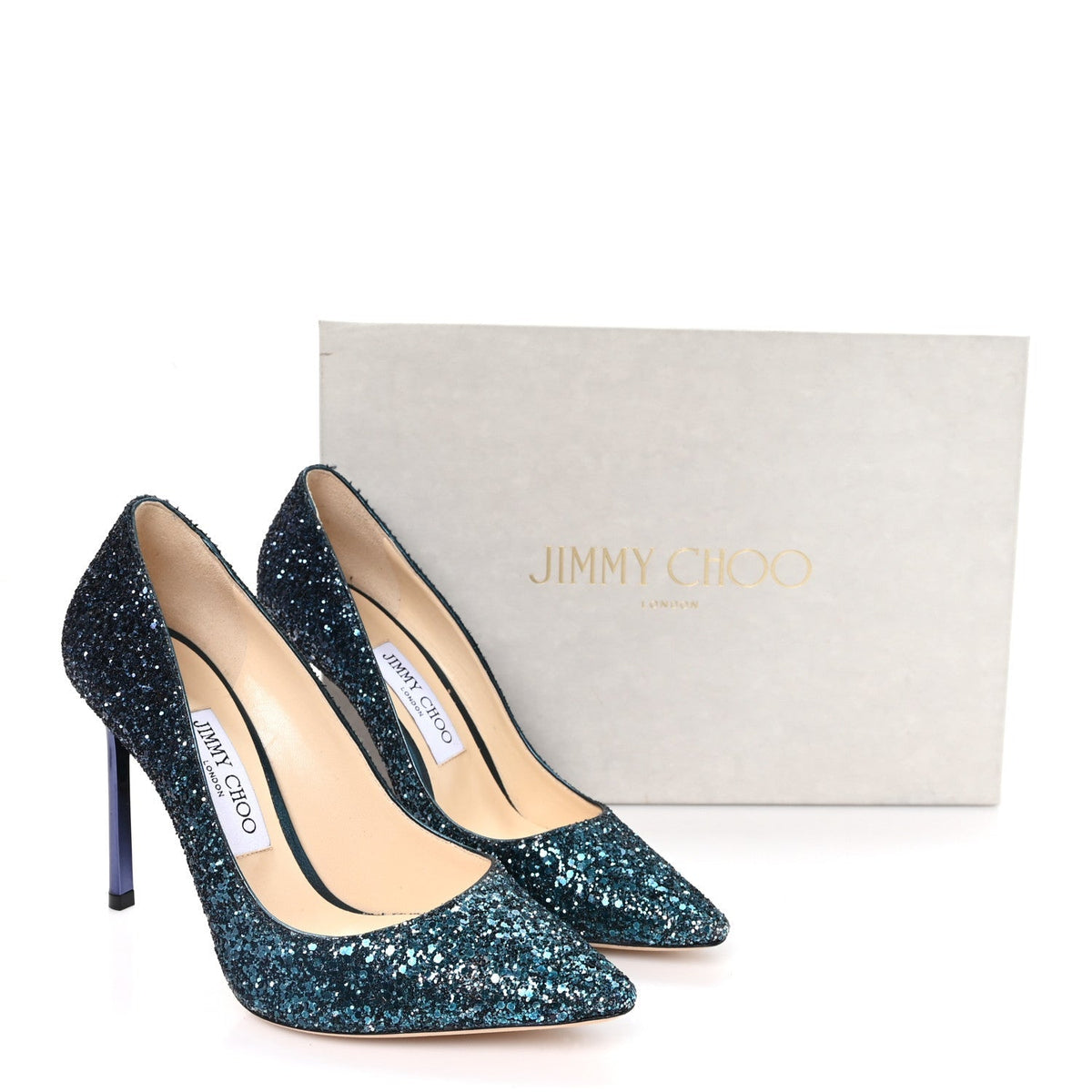 Jimmy Choo Glitter Women's Romy 100 Pumps 37.5 Peacock Navy