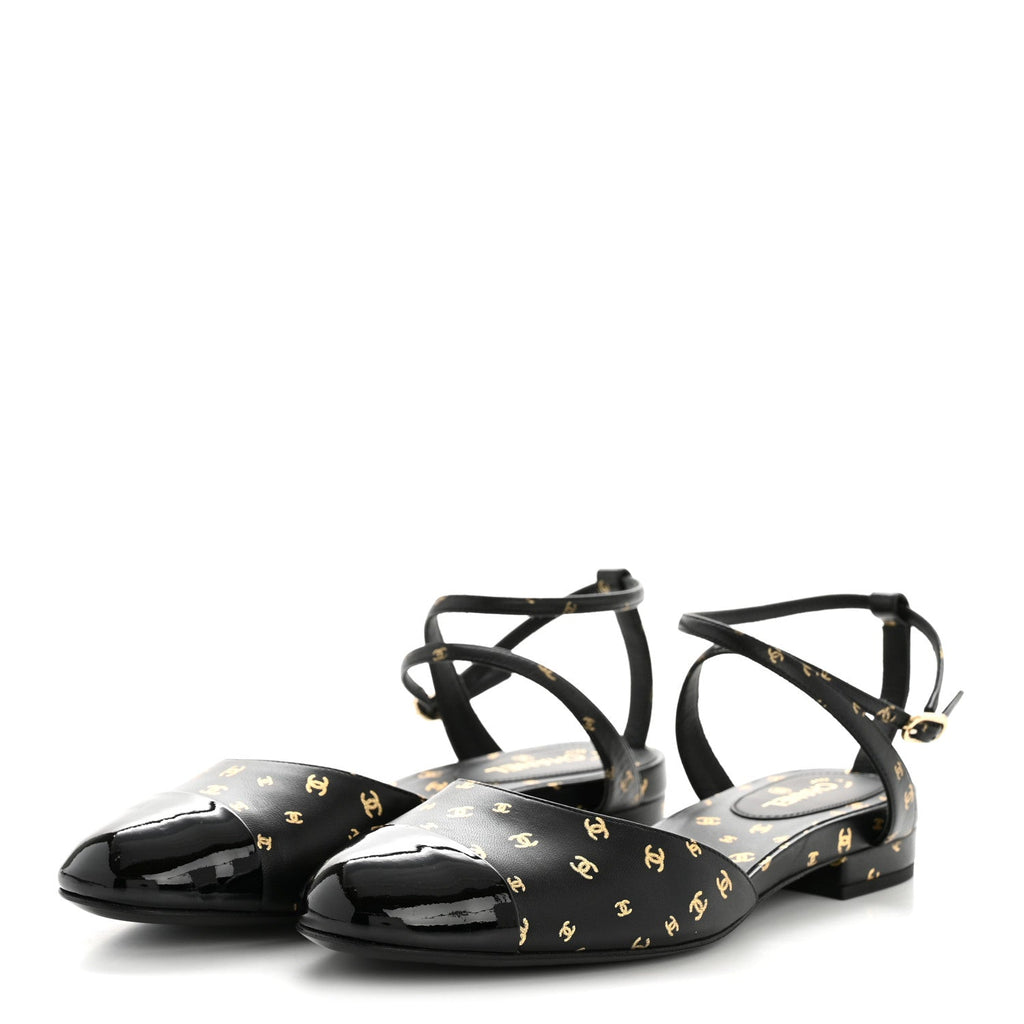 Chanel Lambskin Patent Calfskin Women's Cap Toe CC Slingbacks 36.5 Black Gold