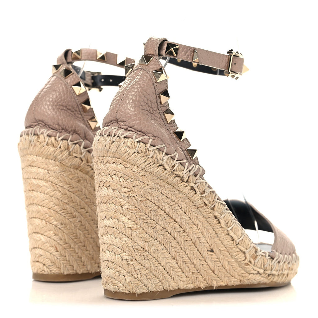 Valentino Garavani Calfskin Women's Rockstud Espadrille Wedge Sandals 35 Poudre Natural