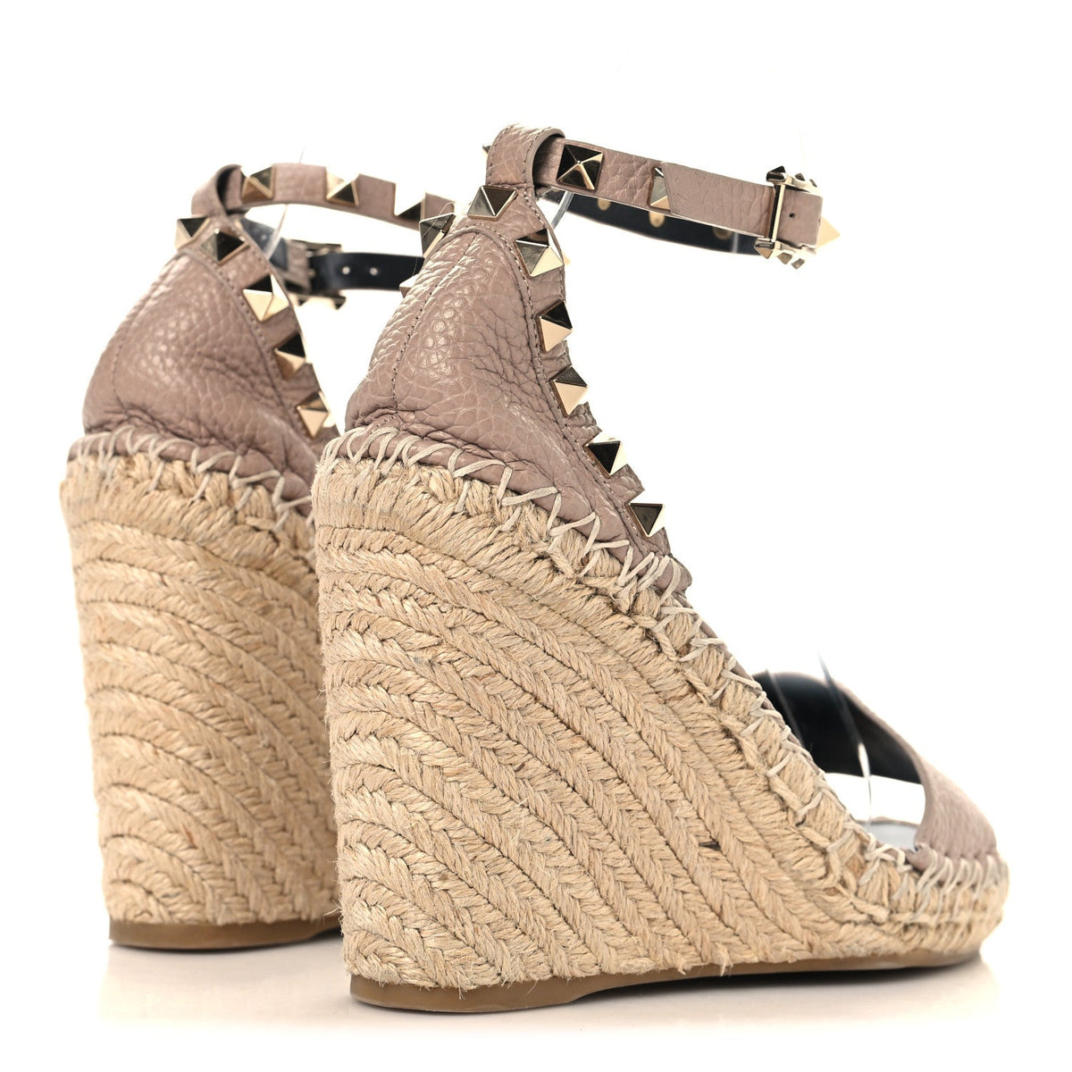 Valentino Garavani Calfskin Women's Rockstud Espadrille Wedge Sandals 35 Poudre Natural