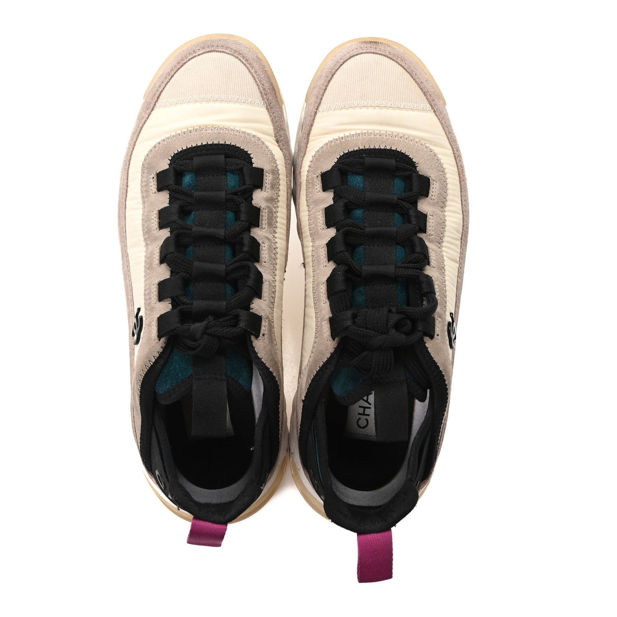 Chanel Suede Calfskin Nylon Grosgrain Women's CC Sneakers 37 Beige Pink