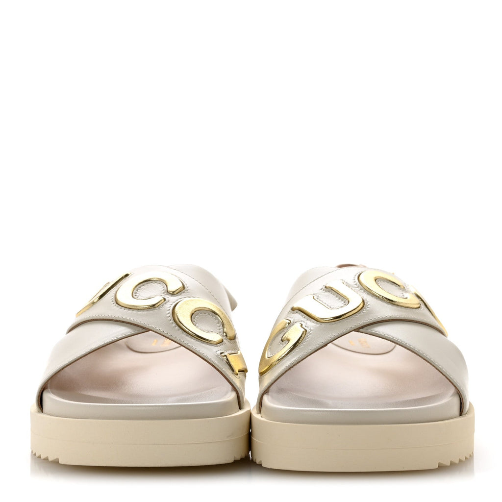 Gucci Calfskin Nappa Women's Charlotte Slingback Sandals 35 Mystic White Platino