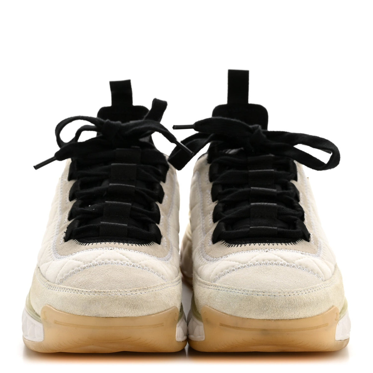 Chanel Fabric Suede Calfskin Women's CC Sneakers 37.5 White Ivory