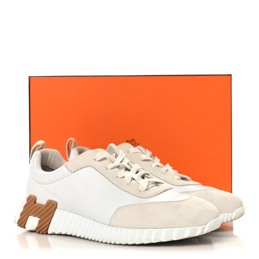 Hermes Calfskin Suede Goatskin Women's Bouncing Sneakers 39 White
