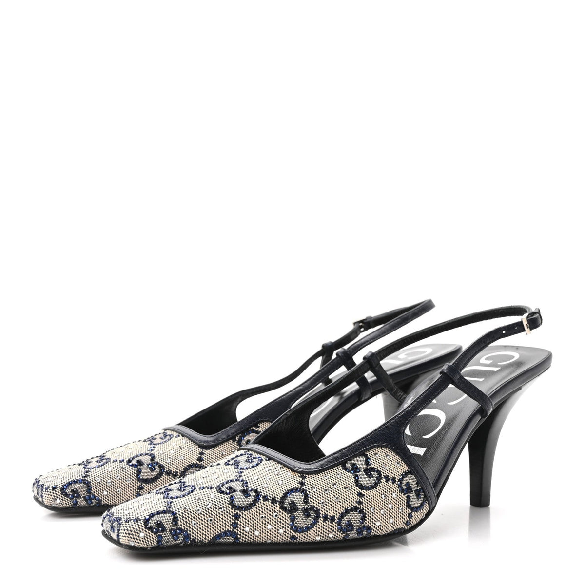 Gucci GG Monogram Malaga Kid Women's Square G Slingback Pumps 36.5 Beige Blue