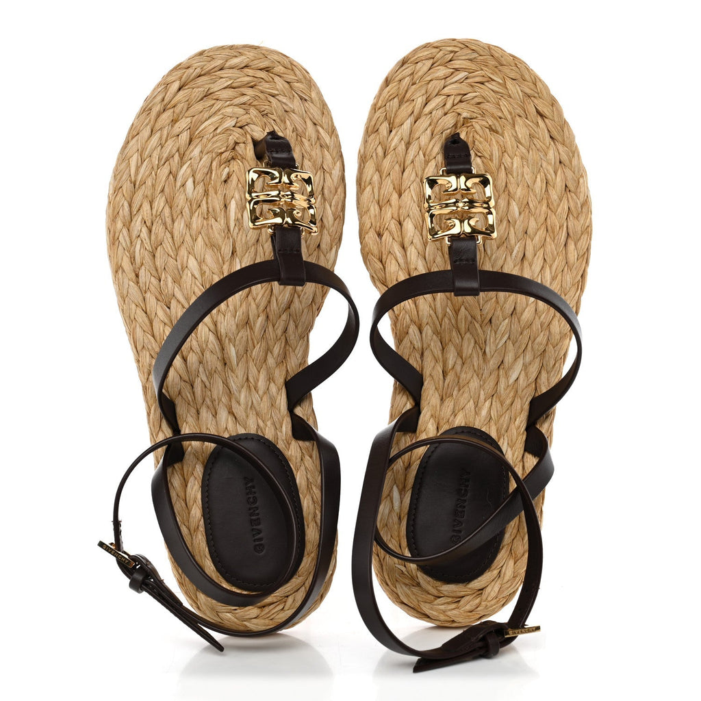 Givenchy Calfskin Raffia 4G Liquid Women's Espadrille Sandals 35 Ebony Natural