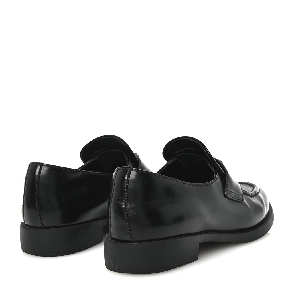 Prada Spazzolato Metal Triangle Logo 20mm Women's Loafers Black