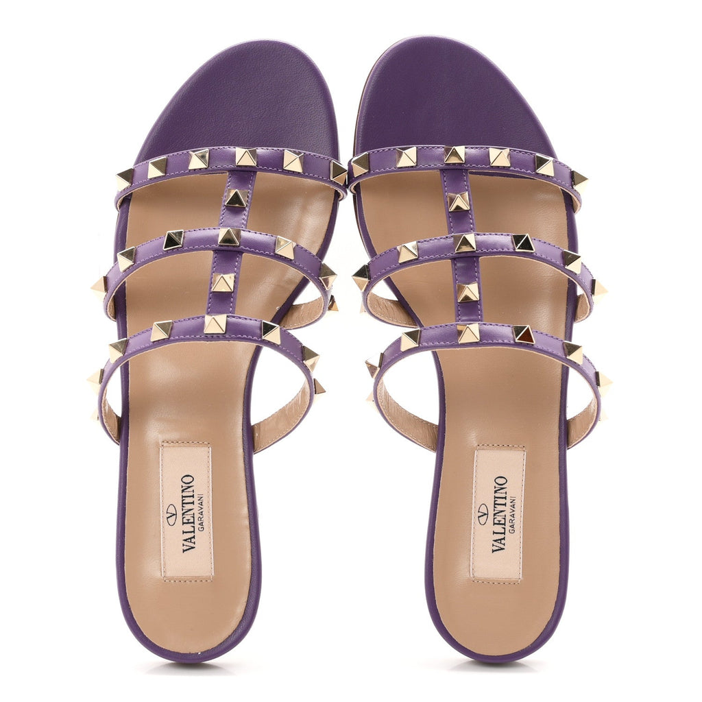 Valentino Garavani Nappa Women's Rockstud Caged Flat Slide Sandals 36 Indian Violet