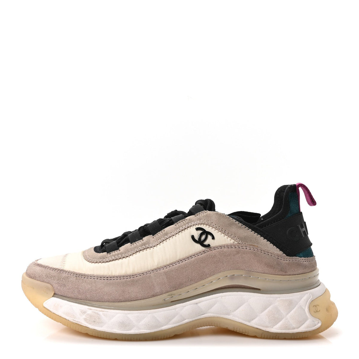 Chanel Suede Calfskin Nylon Grosgrain Women's CC Sneakers 37 Beige Pink