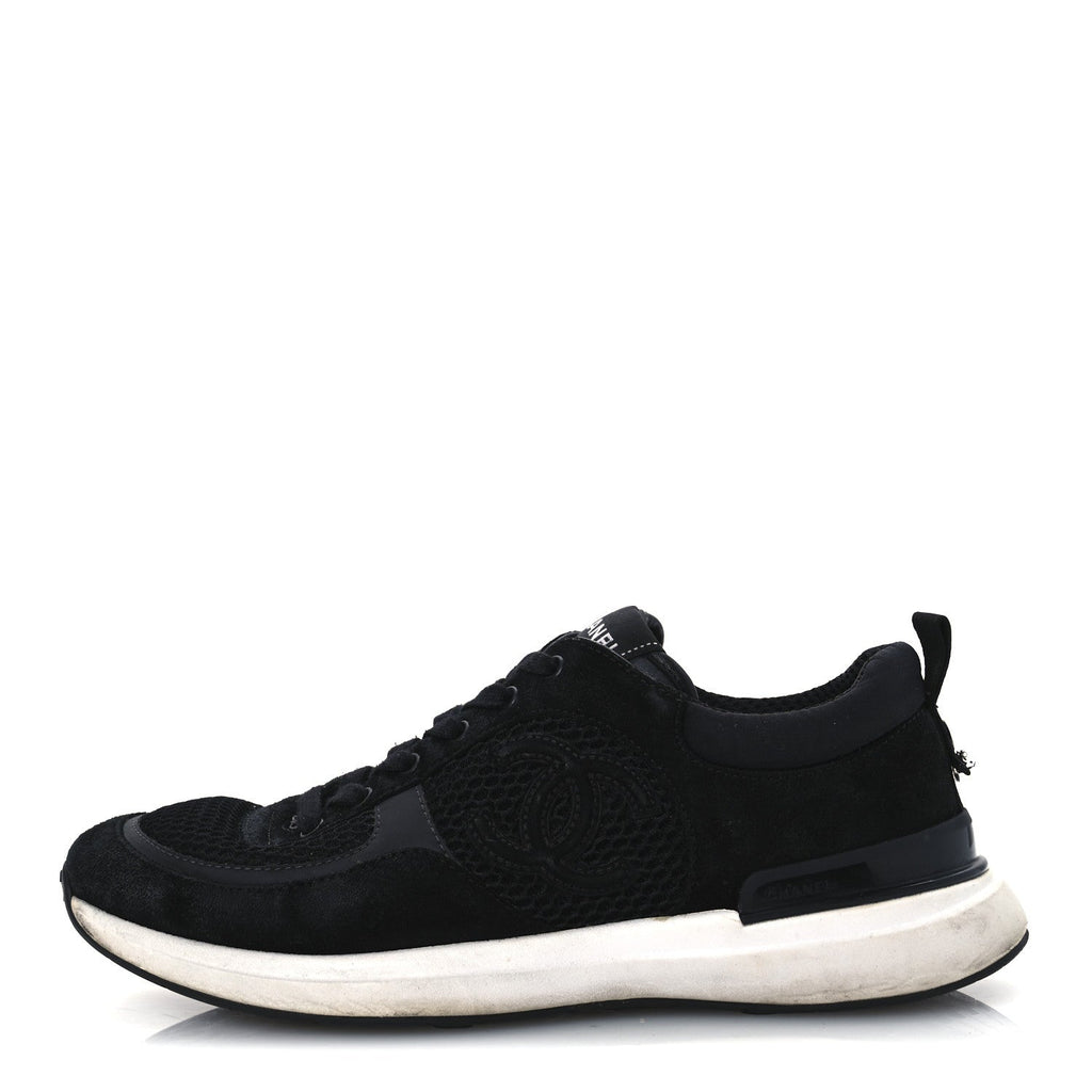 Chanel Calfskin Mesh Lycra Suede Women's Logo Sneakers 40 Black
