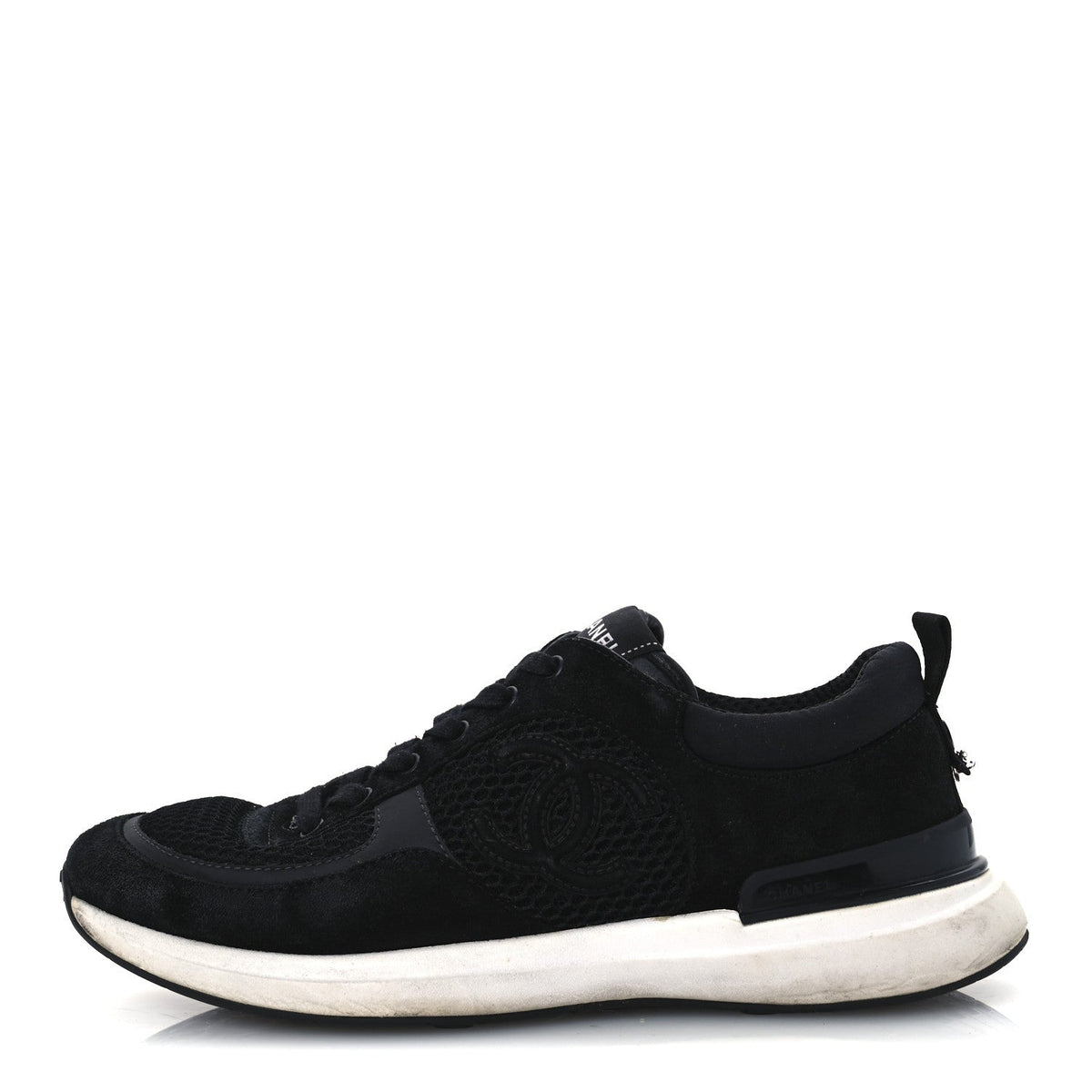 Chanel Calfskin Mesh Lycra Suede Women's Logo Sneakers 40 Black