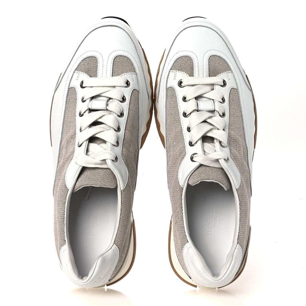Hermes Canvas Calfskin Men's Trail Sneakers 41.5 Prunoir White