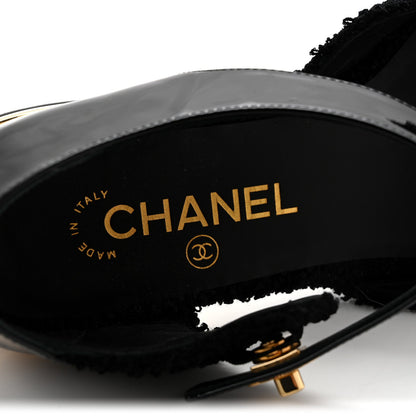 Chanel Tweed Patent Cap Toe CC Women's Ballerina Flats Black