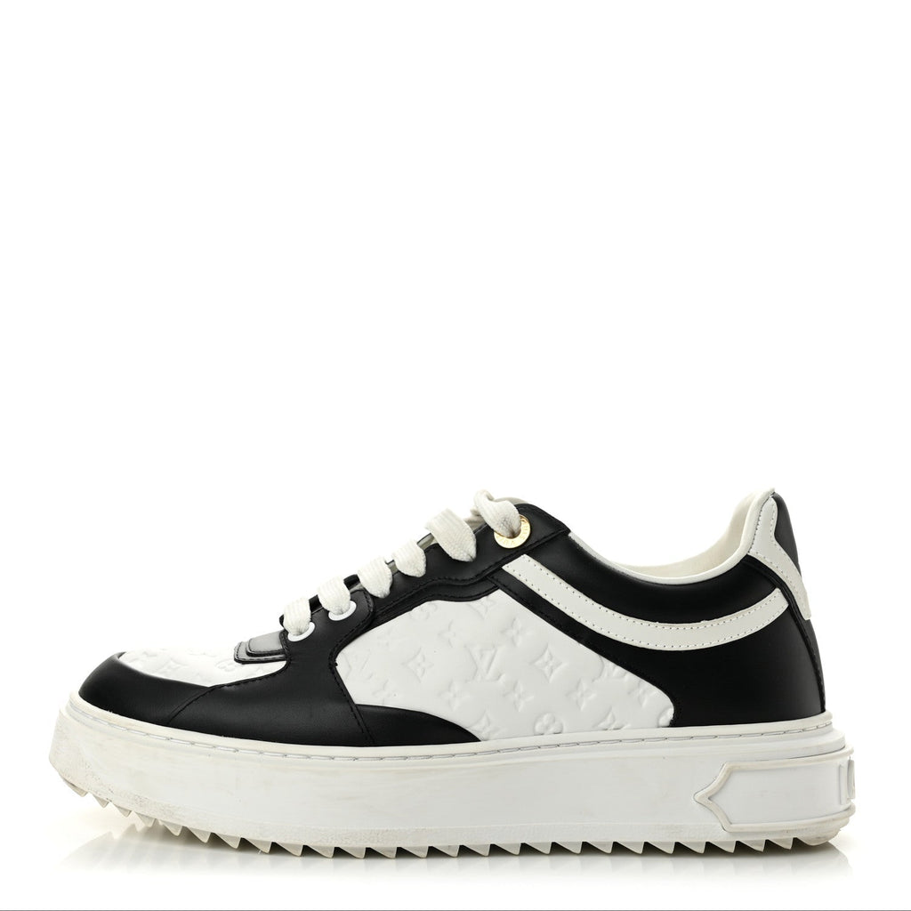 Louis Vuitton Monogram Embossed Calfskin Women's Time Out Sneakers 37 White Black
