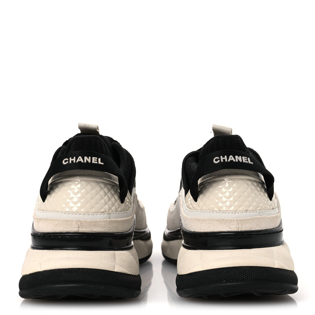 Chanel Fabric Suede Calfskin Women's CC Sneakers 39.5 White Black