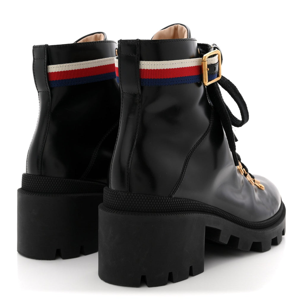 Gucci Calfskin Sylvie Web Women's Lace Up Combat Boots 38 Black