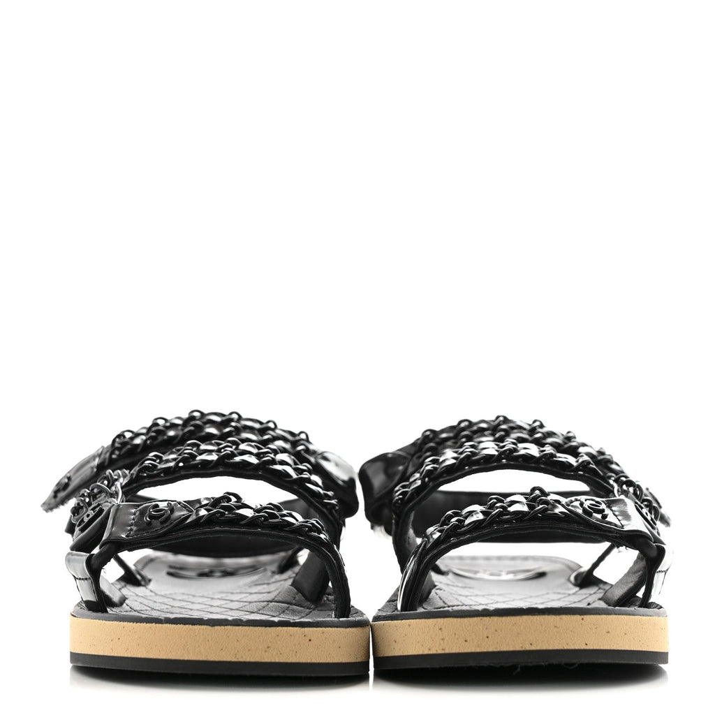 Chanel Laminated Goatskin Women's Chain Sandals 35 Black
