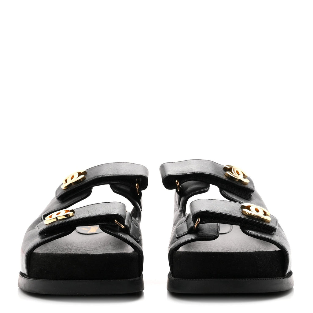 Chanel Lambskin Velcro Dad Chain CC Women's Slide Sandals Black
