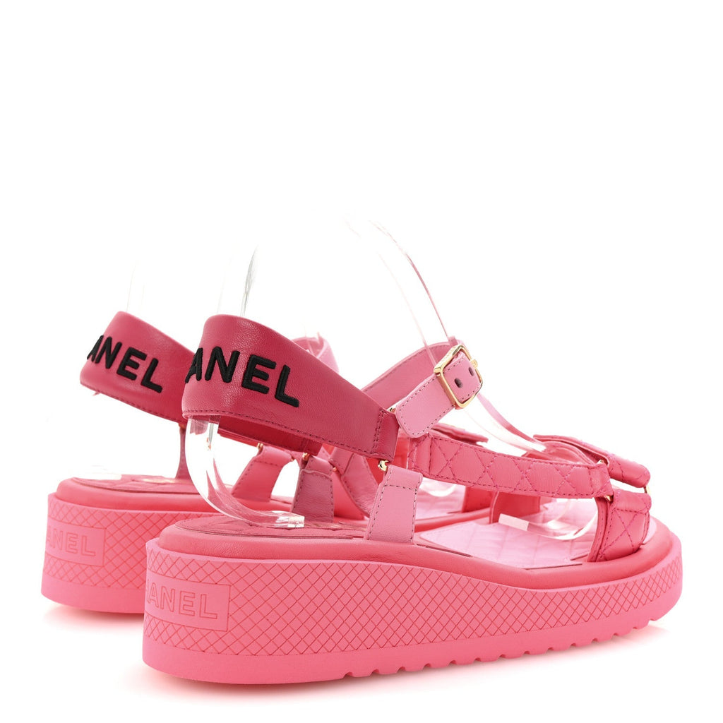 Chanel Lambskin Logo Women's Platform Sandals 39 Pink Red