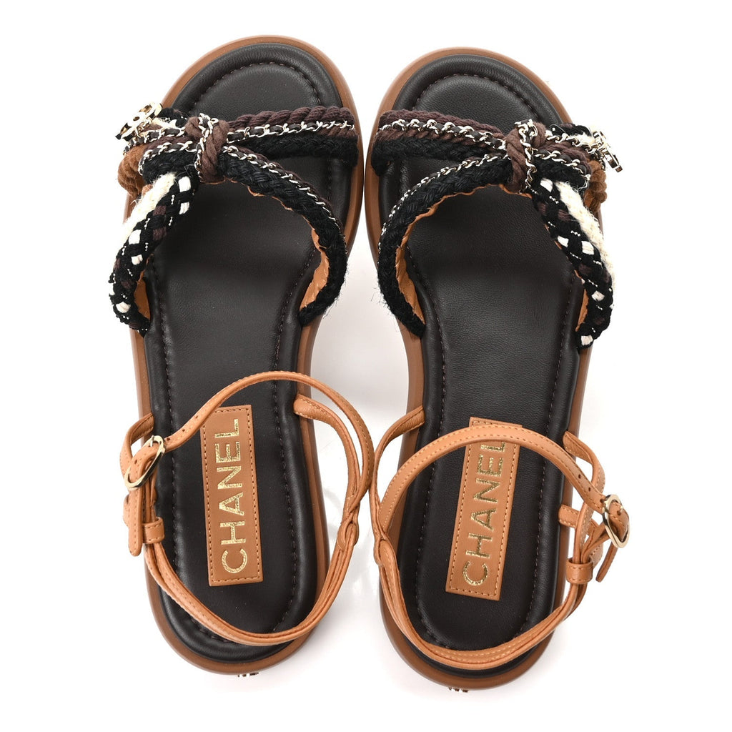 Chanel Lambskin Cord Chain CC Women's Sandals 37 Brown Black Ivory