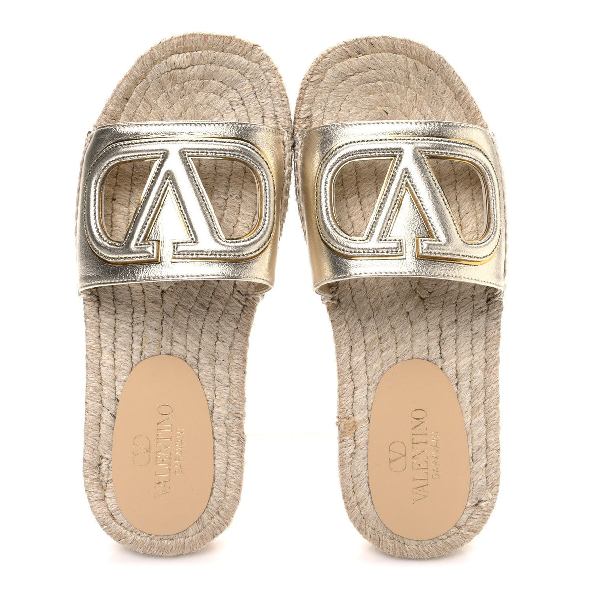 Valentino Garavani Laminated Napa Women's VLogo Cut Out Espadrille Slide Sandals 36 Silver