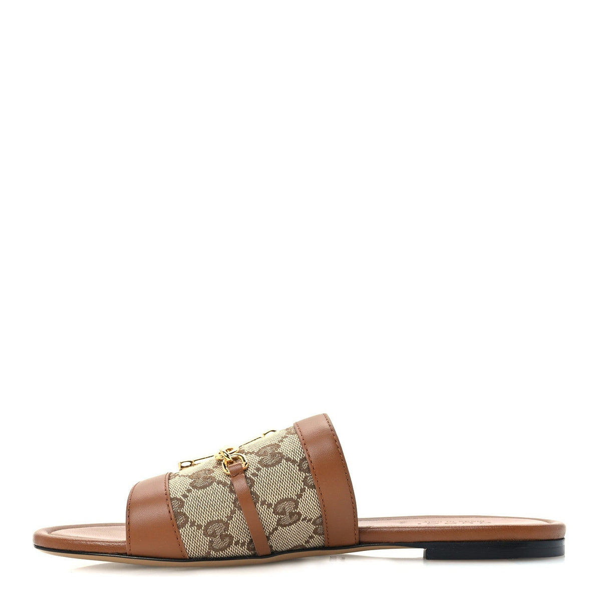 Gucci Monogram Calfskin Women's Horsebit Slide Sandals 38 Sundial Beige Ebony