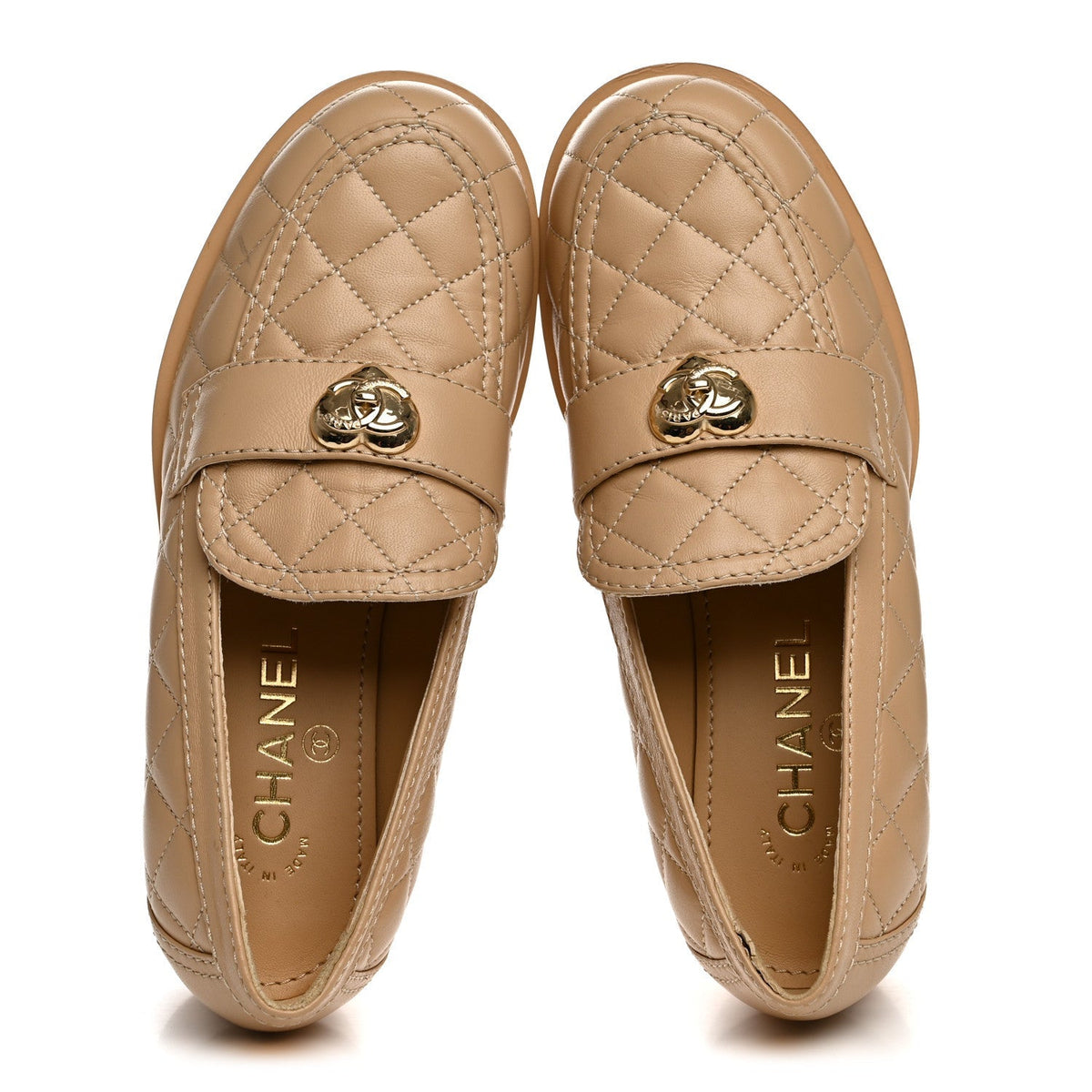 Chanel Lambskin Quilted Women's CC Heart Loafers 37 Beige