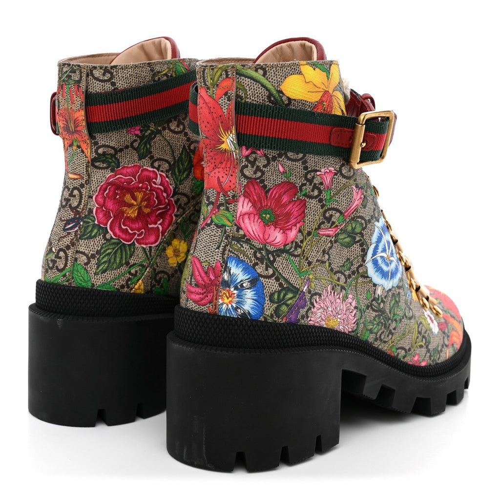 Gucci GG Supreme Monogram Flora Women's Lace Up Combat Ankle Boots 36 Beige Multicolor Red