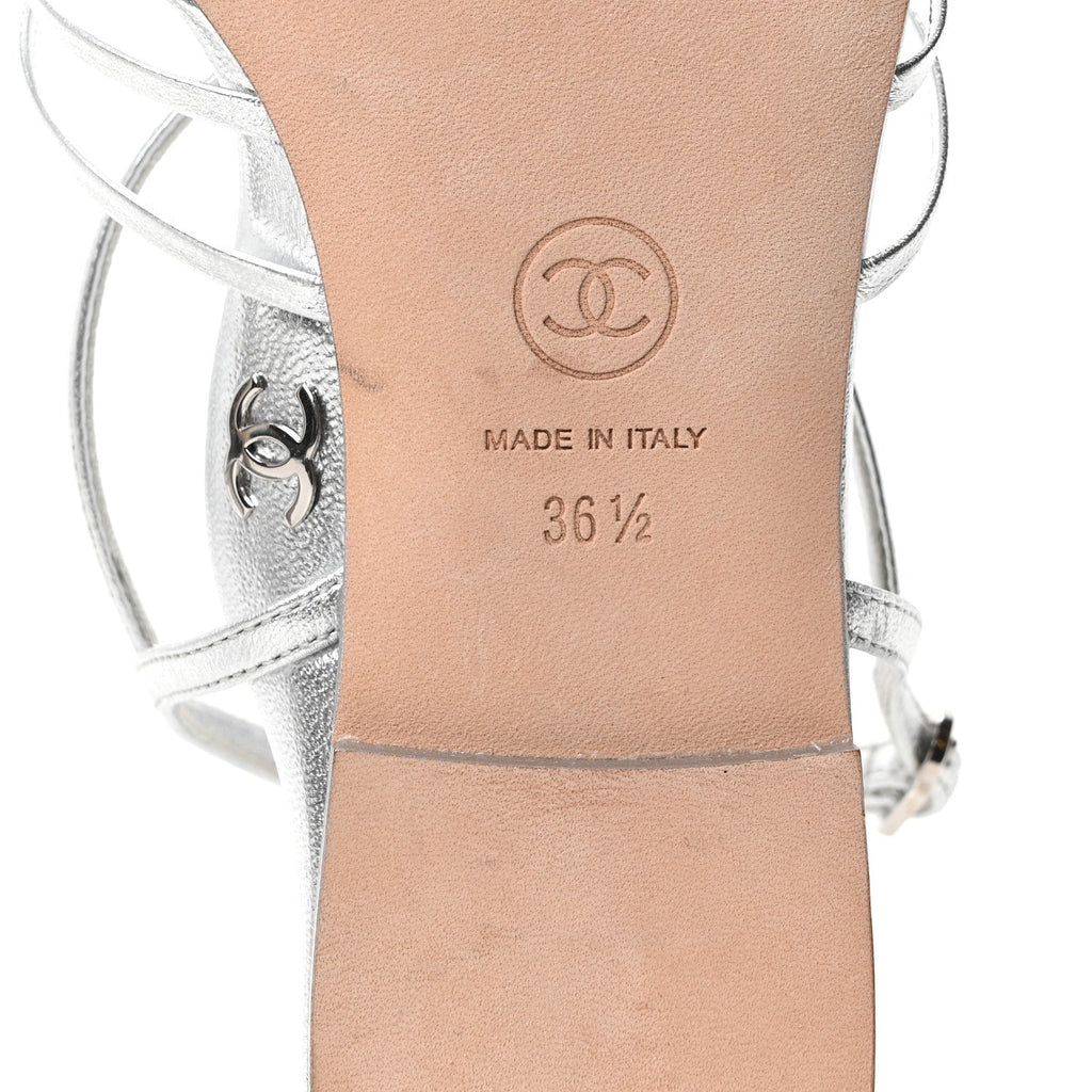 Chanel Laminated Lambskin Women's CC Sandals 36.5 Silver